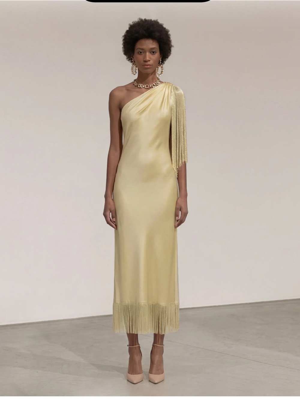 JW PEI One-Shoulder Fringe Midi Dress - Champagne Gold